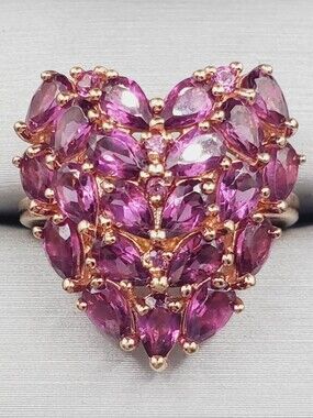 18k Rose Gold 925 Sterling Silver Genuine Amethyst Heart Statement Cluster Ring